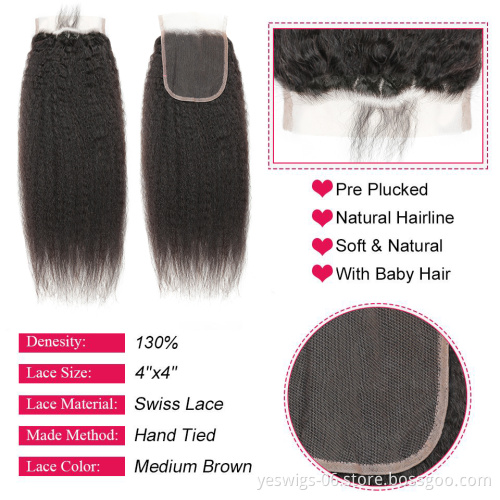 Kinky Straight 4x4 Lace Closure Brazilian Human Hair Extensions Virgin Cuticle Aligned Human Hair Yaki Straight 4X4 Lace Closure